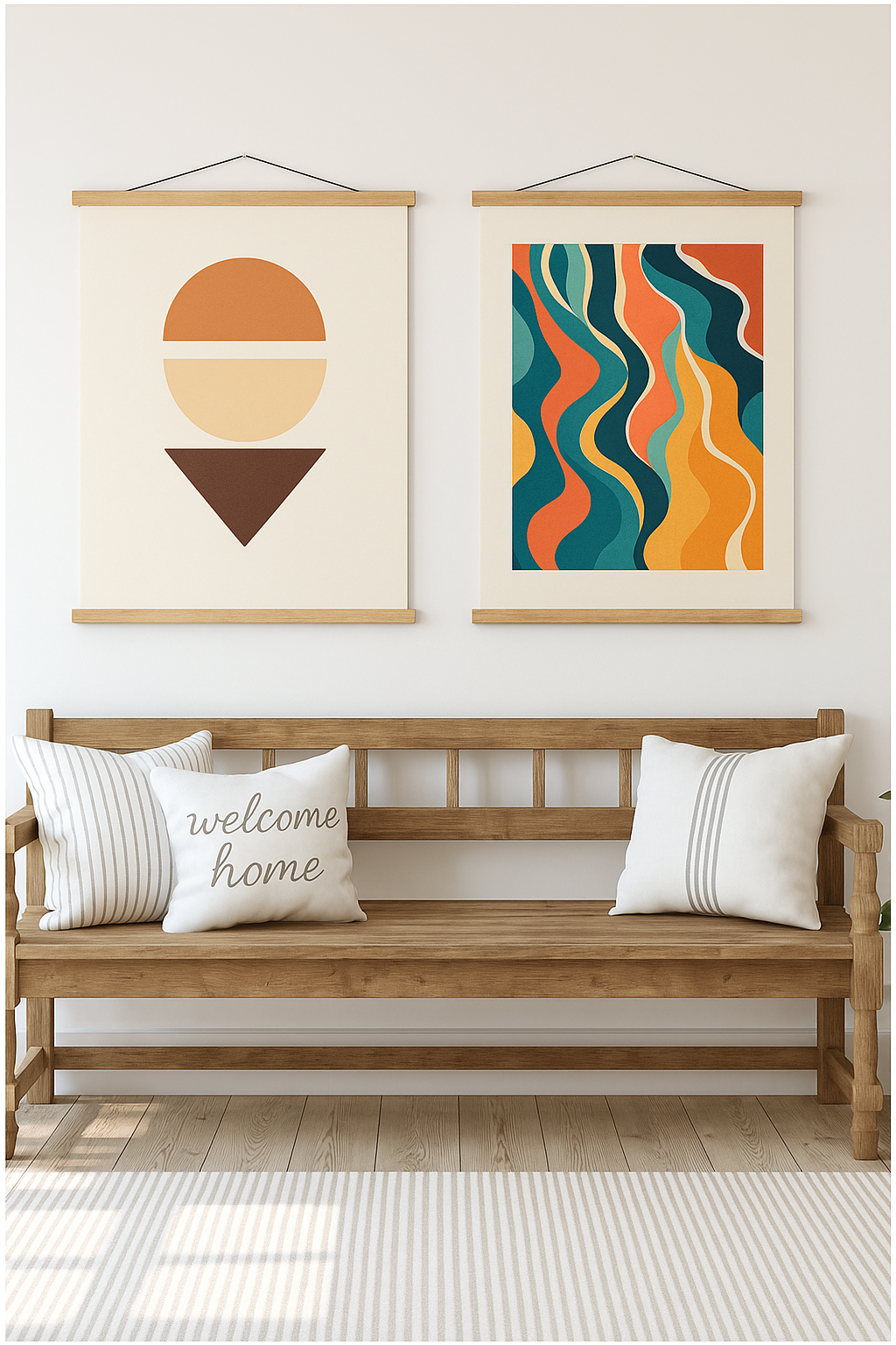 Wooden bench with pillows and two framed artworks on a wall.