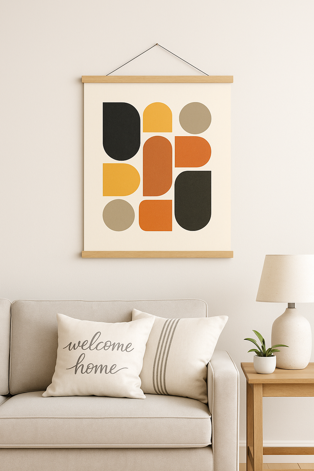 Colorful abstract art print on a wall above a sofa with a 'welcome home' pillow.