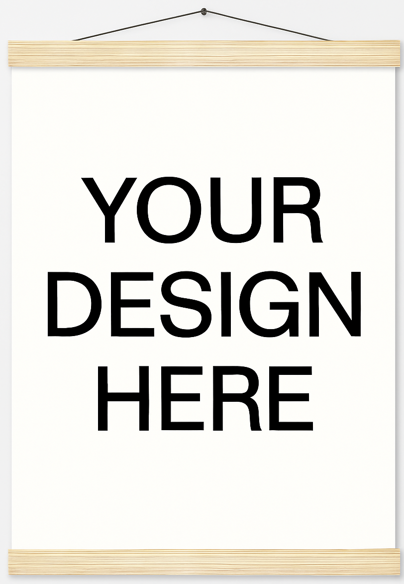 White poster with 'YOUR DESIGN HERE' text in a wooden frame
